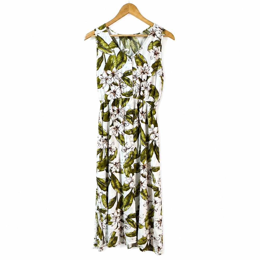 New Look Womens Floral Tropical Sleeveless Button Front Maxi Dress Green White L